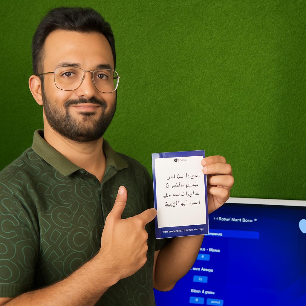 Young Emirati guest using AI Poem Generator kiosk in Dubai, creating personalized Arabic or English poem with instant printout and event branding